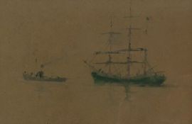 Henry Scott Tuke (British 1858-1929): Three Masted Ship under Tow, watercolour signed and dated Nov.
