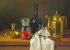 Andras Gombar (French 1936-): Still Life Brass and Glassware,