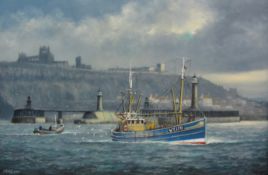 Jack Rigg (British 1927-): Trawler 'Whitby Light WY170' leaving Harbour,