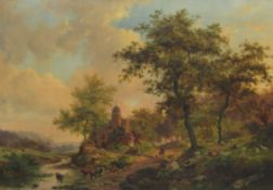 Continental School (19th century): Cattle and Sheep in Wooded River Landscape,