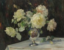 Owen Bowen (Staithes Group 1873-1967): Still Life of White Roses in a Vase,