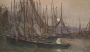 Walter Emsley (British 1860-1938): Fishing Fleet in the Harbour by Moonlight,