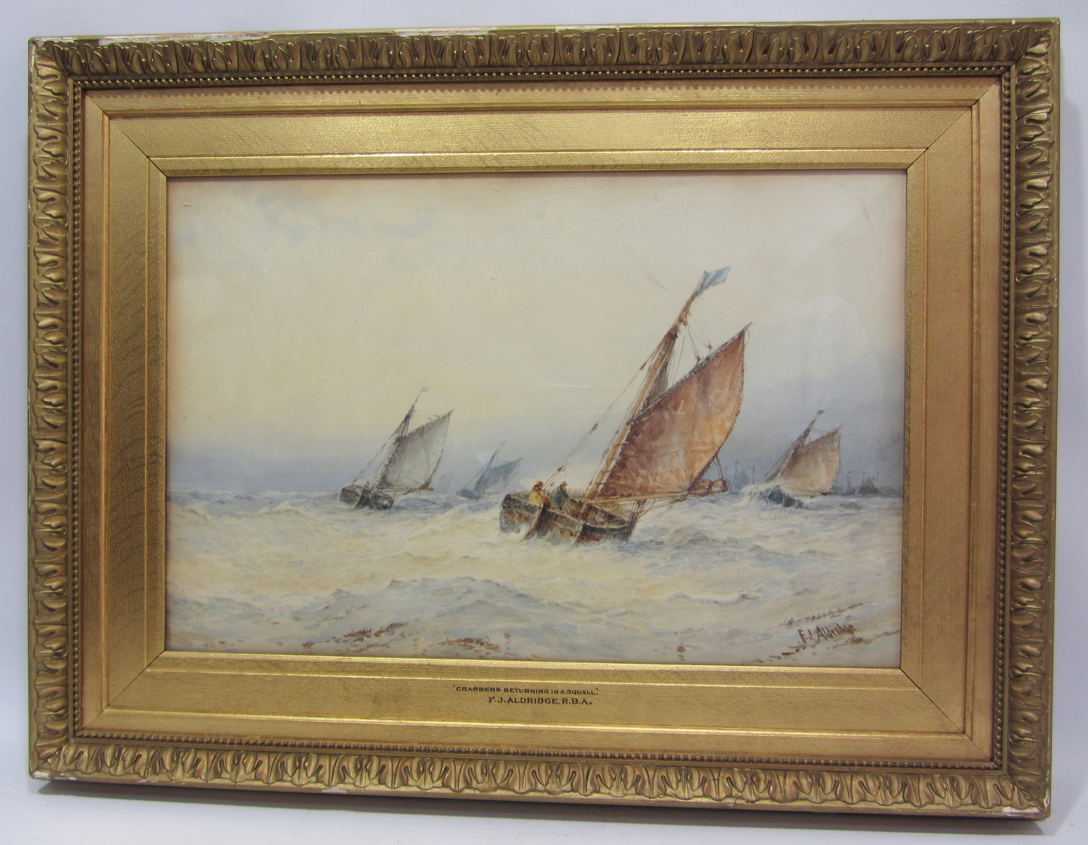 Frederick James Aldridge (British 1850-1933): 'Crabbers Returning in a Squall', - Image 2 of 2