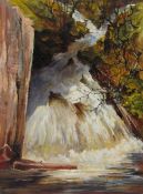 Barbara Lady Brassey (British 1911-2010): Waterfall with Deer, oil on canvas signed and dated '98,