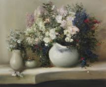 Judith Levin (British 1956-): Still Life Bowl of Flowers, oil on canvas initialled,