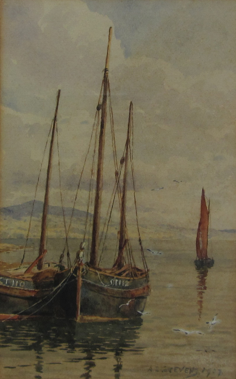 Albert George Stevens (Staithes Group 1863-1925): Fishing Boats moored off Shore,
