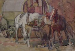 George Harrison (York 1882-1936): Gypsy Bow Top and Horses, watercolour and pencil initialled,
