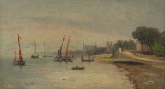 English School (Late 19th century): 'Barges at R** London' & 'U.S.S.