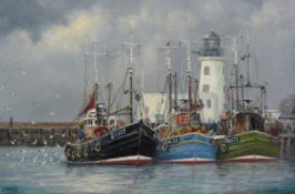 Jack Rigg (British 1927-): 'Scarborough Harbour 1970's', oil on board signed and dated 2003,
