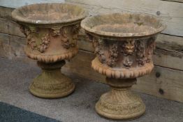Large pair terracotta garden urns, faun mask and swag moulding, D52cm,