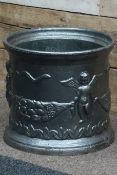 Large classical style silvered cast iron planter, decorated with putti, D47cm,