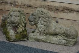 Pair stone effect recumbent garden lion figures