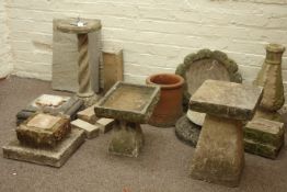 Composite stone sundial and various stone and composite stone garden plinths, pedestals,