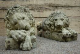 Pair composite stone recumbent lions,