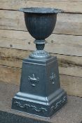 Regency style silver finish cast iron urn on plinth, D43cm,