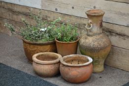 Classical shaped terracotta urn and various other terracotta plant pots