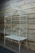 Milk white wrought metal arbour bench, W122cm,