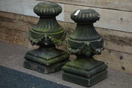 Pair 19th century classical style carved stone garden urn stands, gadroon baluster shape,