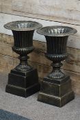 Pair bronze finish garden urns on plinths, D36cm,