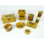 Collection of 19th Century Mauchline ware items including ribbon dispenser, money box,
