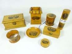 Collection of 19th Century Mauchline ware items including ribbon dispenser, money box,