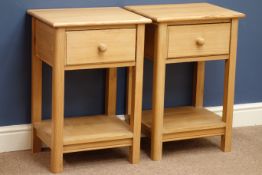 Pair pine bedside tables, single drawer and undertier, W45cm, D66cm,
