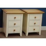 Pair ash and cream finish three drawer bedside chest, W50cm, H65cm,