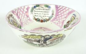19th Century Sunderland pink lustre bowl with various scenes including 'The Sailors Farewell',