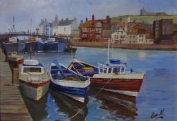 Whitby Harbour, oil on canvas board signed by Don Micklethwaite (British 1936-),
