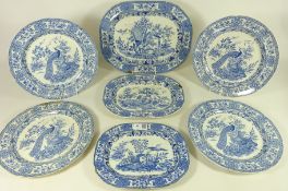 Set of three 19th Century graduating blue and white 'Ornithological series' meat plates and four