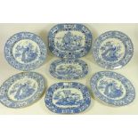 Set of three 19th Century graduating blue and white 'Ornithological series' meat plates and four