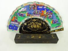 Japanese hand painted fan with chinoiserie sticks,