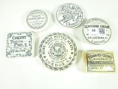 Victorian pot lids; Army & Navy Homemade Potted Meats, Edward Cook's Tooth Soap,