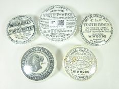 Victorian pot lids; two Wood's Areca Nut Toothpaste lids, Woollatt's Antiseptic Tooth Powder,