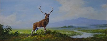 Stag in Highland Landscape, oil on board signed by Mike Nance 14.