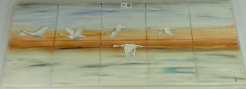 Set of ten ceramic tiles 'Swans Take Flight' each hand painted, 76.5cm x 30.