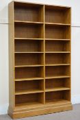 Large light oak library bookcase, plinth base, W148cm, H243cm,