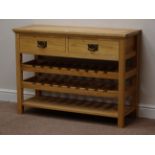 Oak sideboard, two drawers and two tier wine rack, W108cm, H79cm,