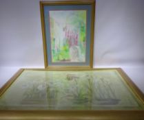 Garden Scene, abstract watercolour signed Carolyn Curtis and Still Life of Irises,