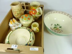 Art Deco biscuit barrel, two Shelley cups and saucers,