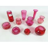 Cranberry sifter base, miniature jug, salt,