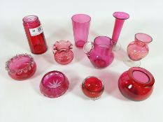 Cranberry sifter base, miniature jug, salt,