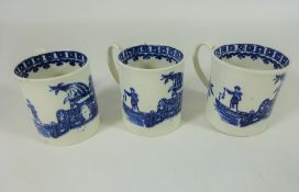 Three 18th Century Caughley blue and white Fisherman & Cormorant coffee cans (3)