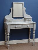 Painted and waxed pine dressing table, two drawers, two raised trinket drawers and swing mirror,