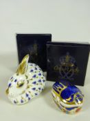 Royal Crown Derby Rabbit paperweight and a Millennium Bug both with gold stoppers and boxed (2)