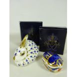 Royal Crown Derby Rabbit paperweight and a Millennium Bug both with gold stoppers and boxed (2)