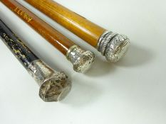 19th/ early 20th Century Malacca walking stick with hallmarked silver top and two other walking