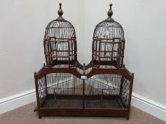 Decorative painted wood and metal bird cage with twin spires,