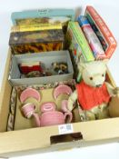 Small plush Teddy bear, miniature tea set, vintage toys,