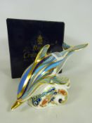 Royal Crown Derby Stripe Dolphin paperweight with gold stopper and box Condition Report